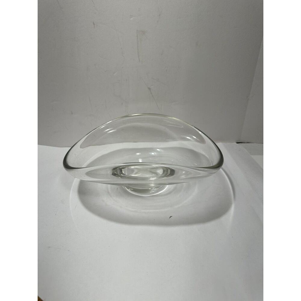 Signed Johansfors Clear Crystal Bowl 11” Sweden Art Glass MCM Orup Modernistic